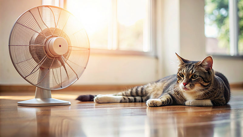 cat beats heat by lying next to electric fan
